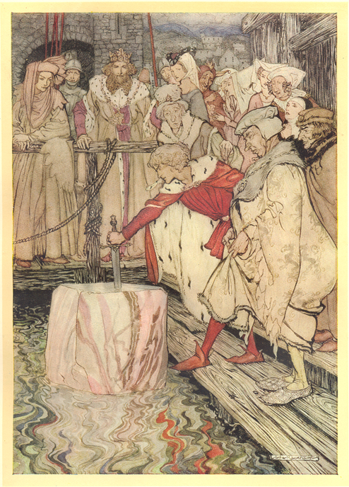 Rackham's How Galahad Drew Out the Sword from the Floating Stone at Camelot