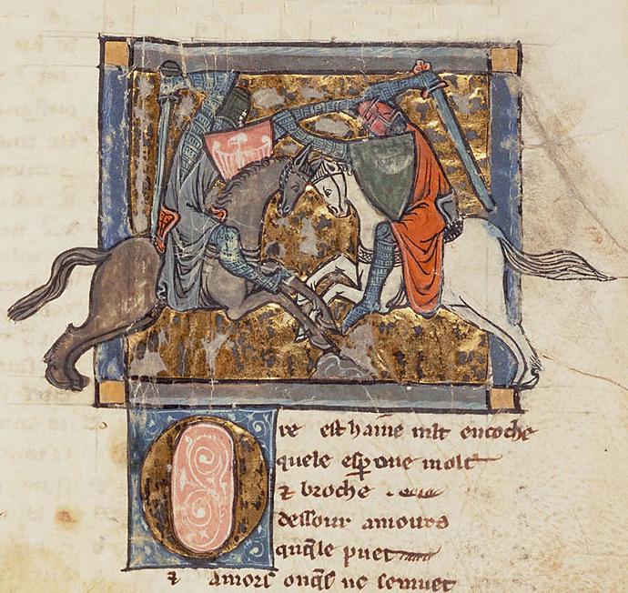 Yvain dueling with a knight. Image courtesy of Princeton University Libraries