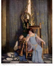 King Mark slew the noble knight Sir Tristram as he sat harping before his lady la Belle Isolde