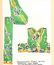 Sleeveless tunic with hanging side sash - yellow represents wax; dyed green, blue painted in.