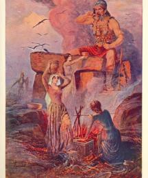 The giant sat at supper, gnawing on a limb of a man, and baking his huge frame by the fire