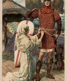 Then Sir Percivale's sister hung the sheathed sword upon the girdle, and girded it about Galahad's waist