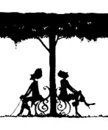 Silhouette sketch of lovers in the garden denoting the end of the tale.