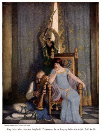 King Mark slew the noble knight Sir Tristram as he sat harping before his lady la Belle Isolde