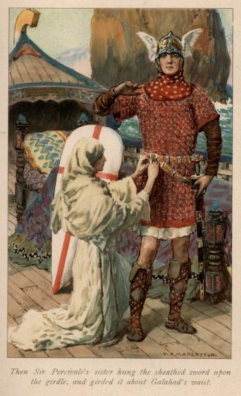 Then Sir Percivale's sister hung the sheathed sword upon the girdle, and girded it about Galahad's waist