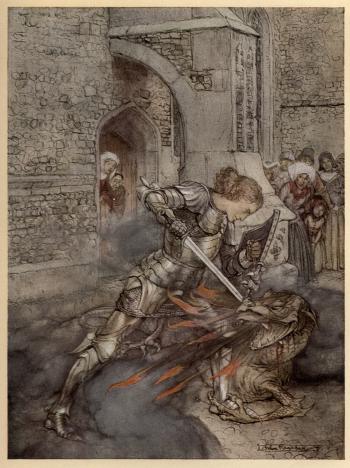 How Sir Launcelot fought with a fiendly dragon.