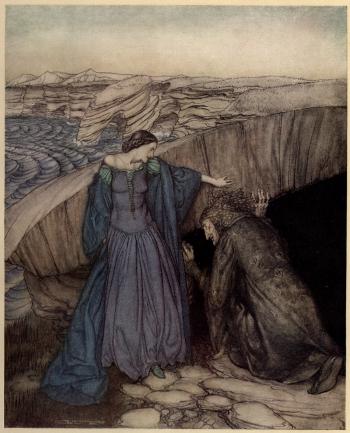 Merlin and Nimue: How by her subtle working she made Merlin to go under the stone to let wit of the marvels there: and she wrought so there for him that he came never out for all the craft he could do.