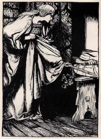 How Queen Morgan le Fay stole away the scabbard from Arthur