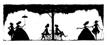 Silhouette sketch of lovers in the garden denoting the end of the tale.
