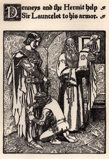 Denneys and the Hermit Help Sir Launcelot to his Armor 