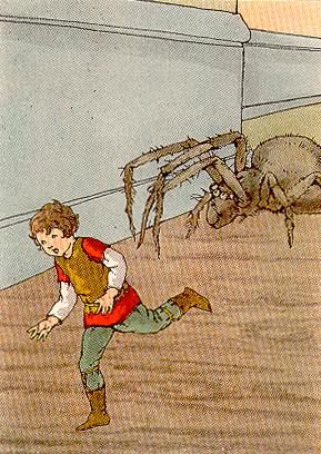 Tom ran; the spider panted close