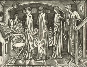 "And whan she say thise poetical Muses aprochen aboute my bed, and endytinge wordes to my wepinges, she was a litel amoved, and glowede with cruel eyen."