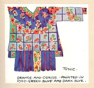 "Tunic - orange and cerise - painted in dyed green blue and dark blue."