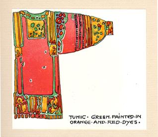 "Tunic - green painted in orange and red dyes."