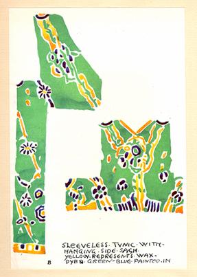 Sleeveless tunic with hanging side sash - yellow represents wax; dyed green, blue painted in.