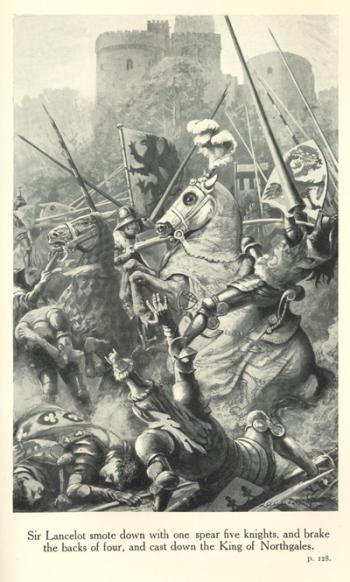 Sir Lancelot smote down with one spear five knights, and brake the backs of four, and cast down the King of Northgales